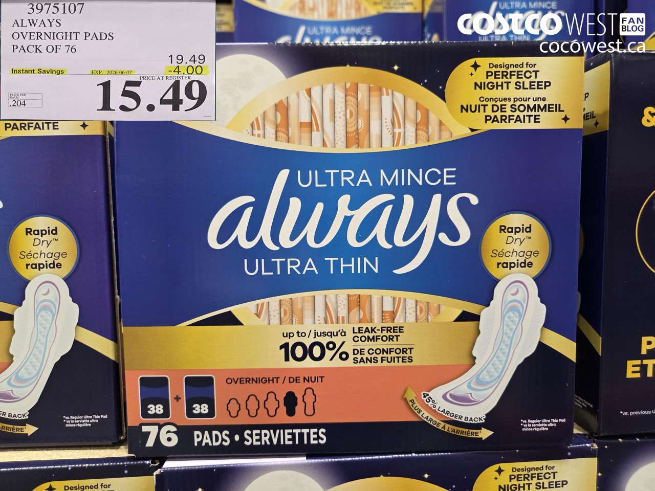 3975107 ALWAYS OVERNIGHT PADS PACK OF 76 ($4.00 INSTANT SAVINGS EXPIRES ON 2026-06-07) $15.49