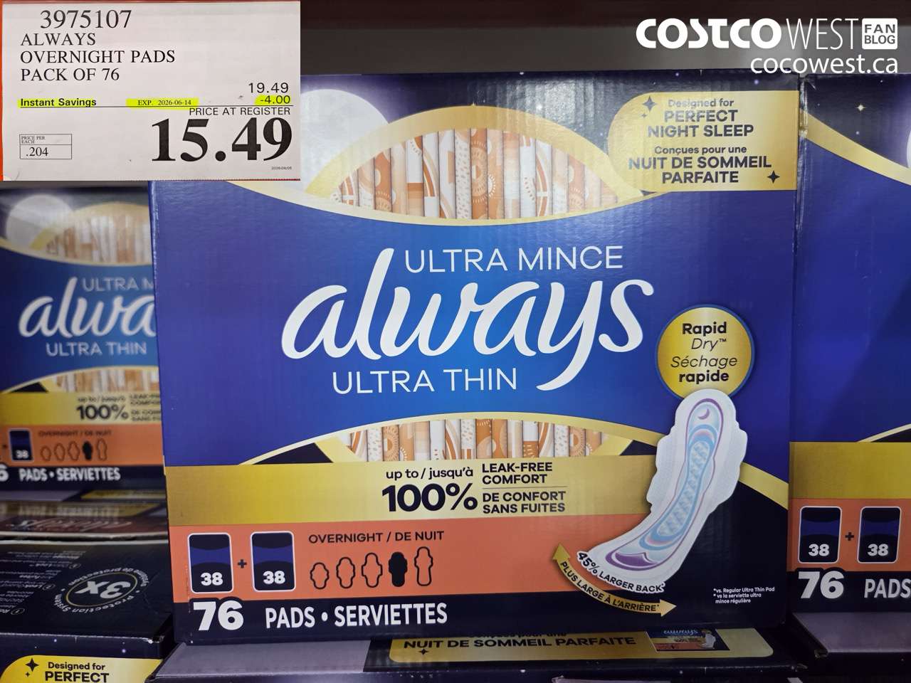 3975107 ALWAYS OVERNIGHT PADS PACK OF 76 ($4.00 INSTANT SAVINGS EXPIRES ON 2026-06-14) $15.49