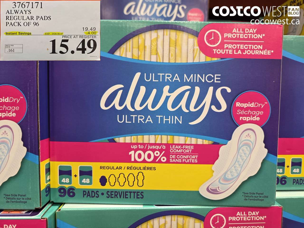 3767171 ALWAYS REGULAR PADS PACK OF 96 ($4.00 INSTANT SAVINGS EXPIRES ON 2026-06-07) $15.49