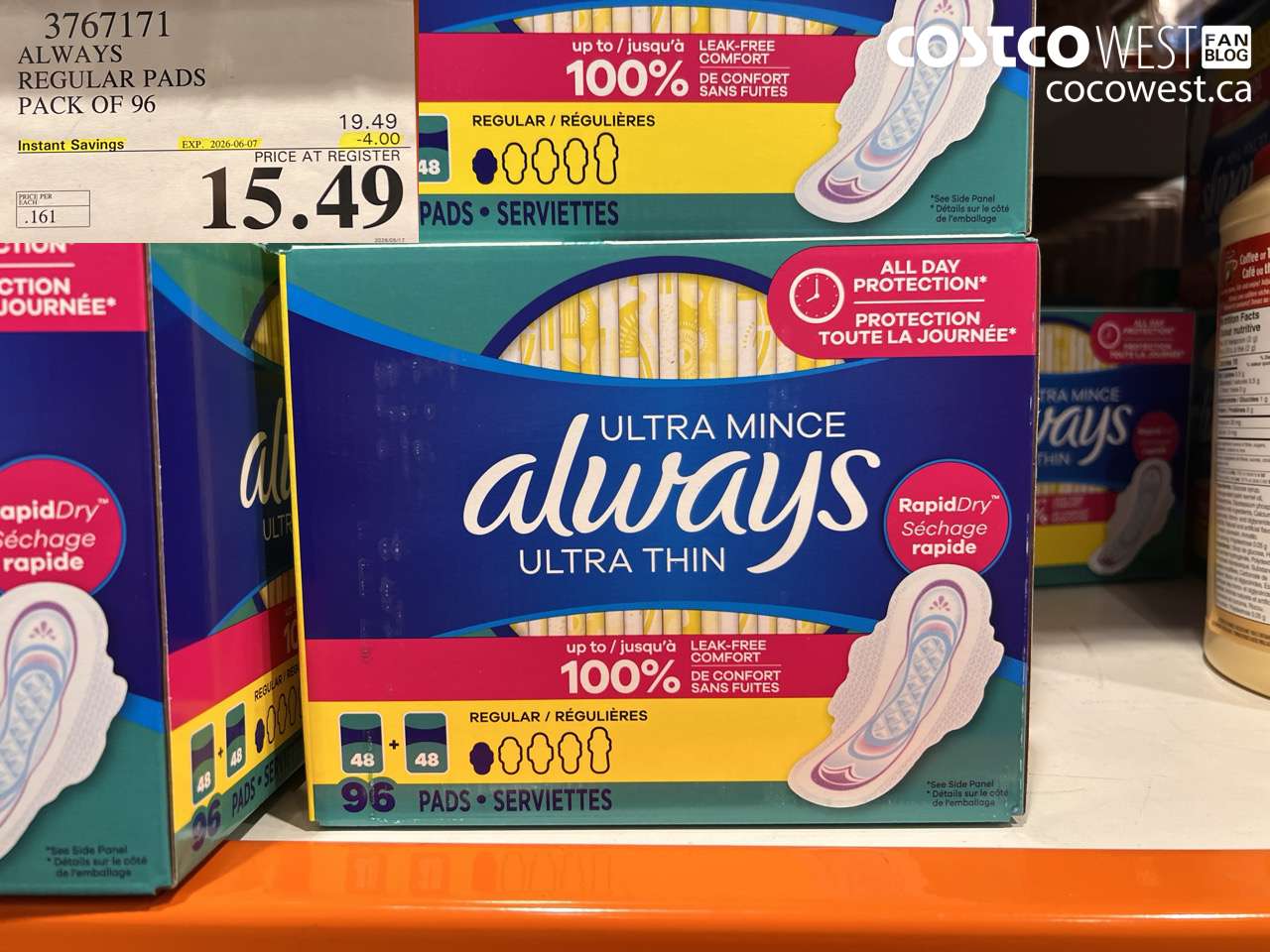3767171 ALWAYS REGULAR PADS PACK OF 96 ($4.00 INSTANT SAVINGS EXPIRES ON 2026-06-07) $15.49