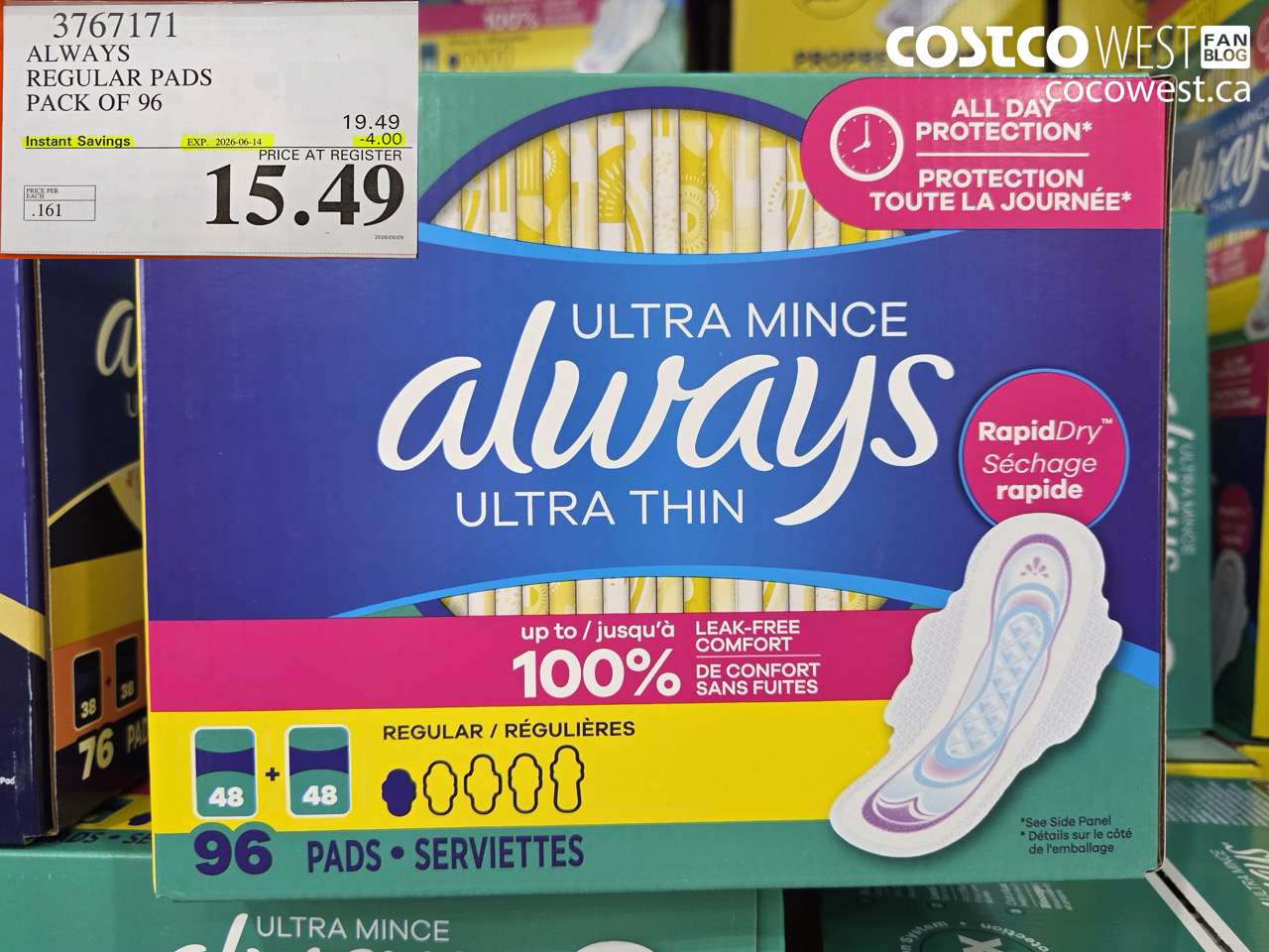 3767171 ALWAYS REGULAR PADS PACK OF 96 ($4.00 INSTANT SAVINGS EXPIRES ON 2026-06-14) $15.49