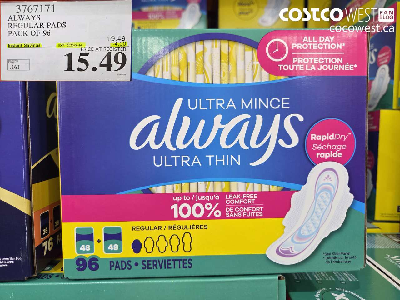 3767171 ALWAYS REGULAR PADS PACK OF 96 ($4.00 INSTANT SAVINGS EXPIRES ON 2026-06-14) $15.49