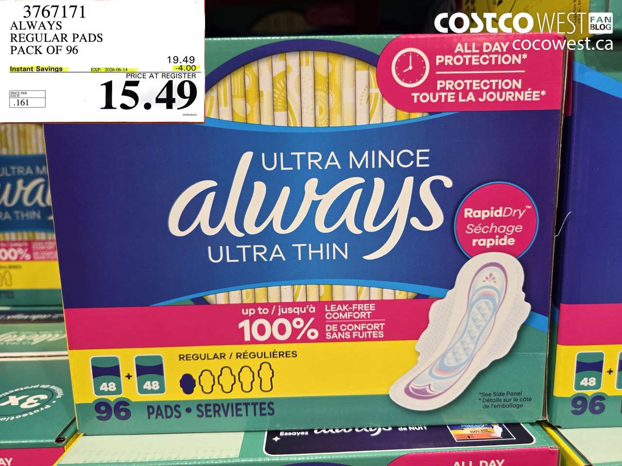3767171 ALWAYS REGULAR PADS PACK OF 96 ($4.00 INSTANT SAVINGS EXPIRES ON 2026-06-14) $15.49