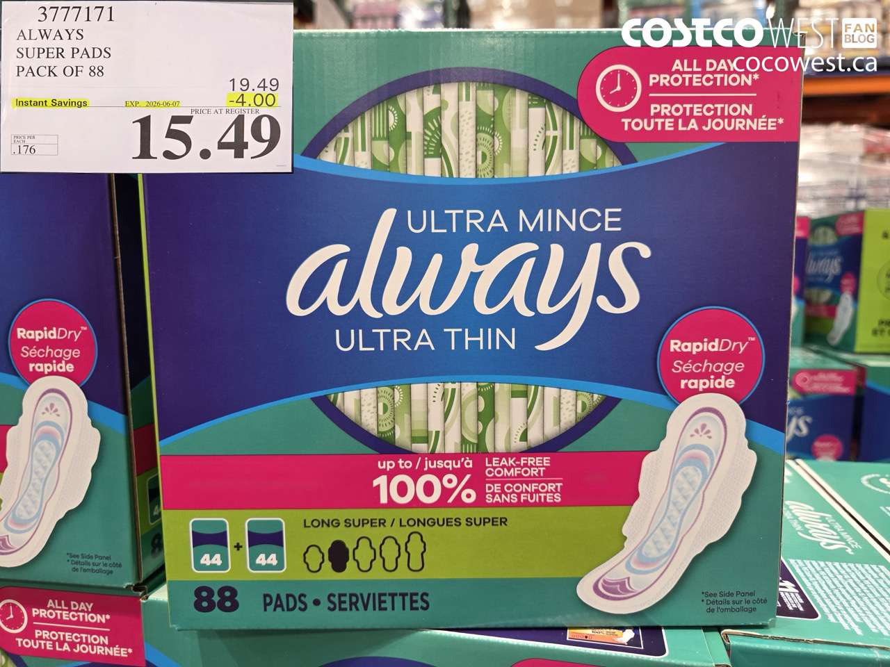 3777171 ALWAYS SUPER PADS PACK OF 88 ($4.00 INSTANT SAVINGS EXPIRES ON 2026-06-07) $15.49