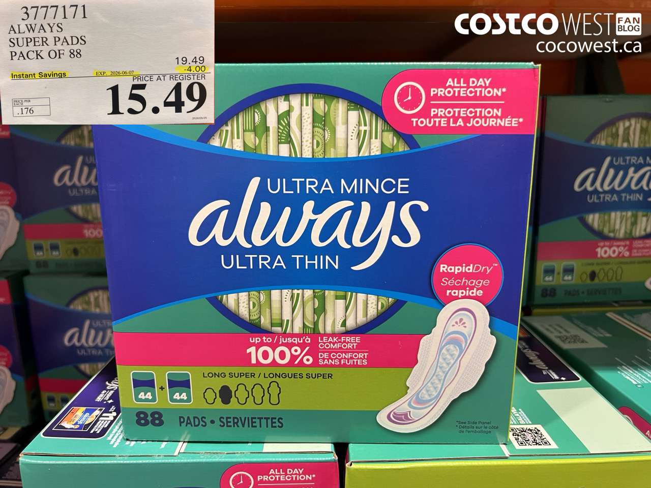 3777171 ALWAYS SUPER PADS PACK OF 88 ($4.00 INSTANT SAVINGS EXPIRES ON 2026-06-07) $15.49