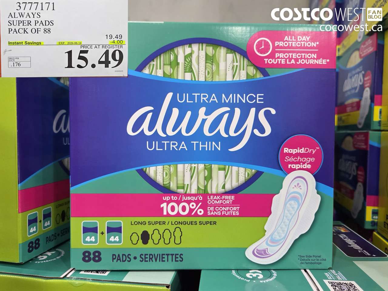 3777171 ALWAYS SUPER PADS PACK OF 88 ($4.00 INSTANT SAVINGS EXPIRES ON 2026-06-14) $15.49