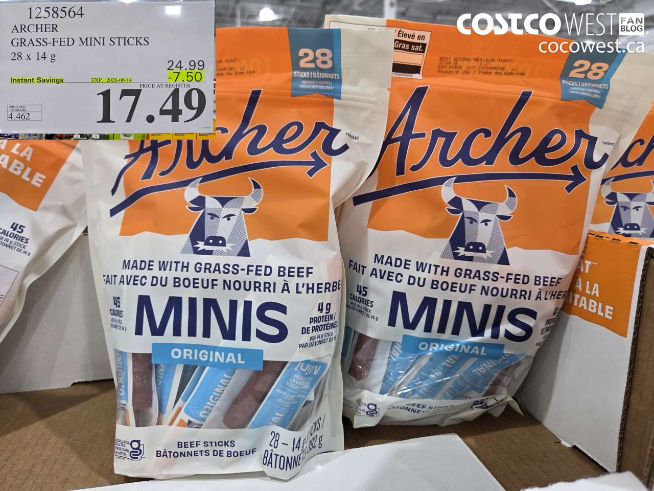 1258564 ARCHER GRASS-FED MINI STICKS 28 X 14 G ($7.50 INSTANT SAVINGS EXPIRES ON 2026-06-14) $17.49