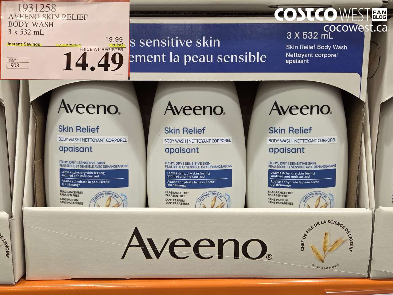 1931258 AVEENO SKIN RELIEF BODY WASH 3 X 532 ML ($5.50 INSTANT SAVINGS EXPIRES ON 2026-06-07) $14.49