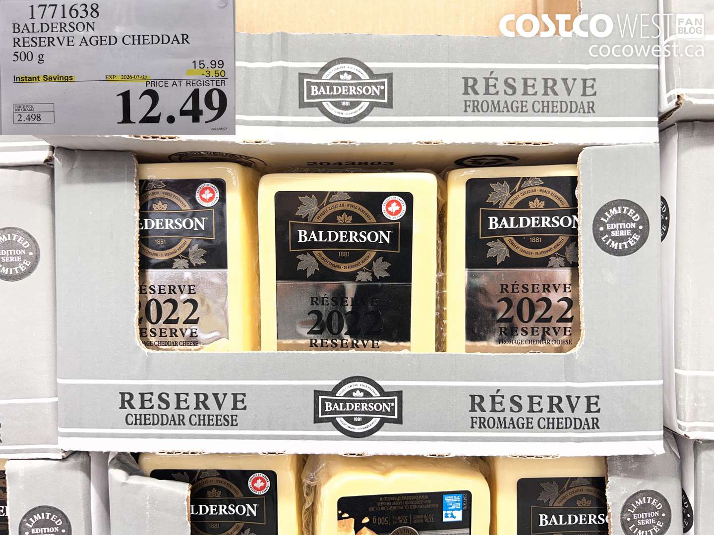 1771638 BALDERSON RESERVE AGED CHEDDAR 500 G ($3.50 INSTANT SAVINGS EXPIRES ON 2026-07-05) $12.49