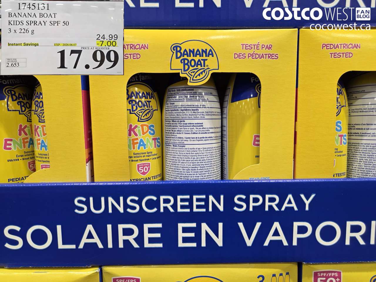 1745131 BANANA BOAT KIDS SPRAY SPF 50 3 X 226 G ($7.00 INSTANT SAVINGS EXPIRES ON 2026-06-07) $17.99