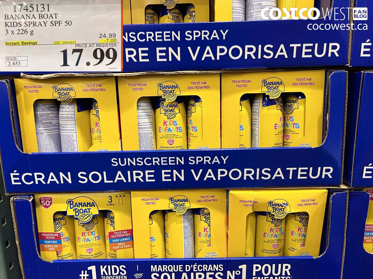 1745131 BANANA BOAT KIDS SPRAY SPF 50 3 X 226 G ($7.00 INSTANT SAVINGS EXPIRES ON 2026-06-07) $17.99