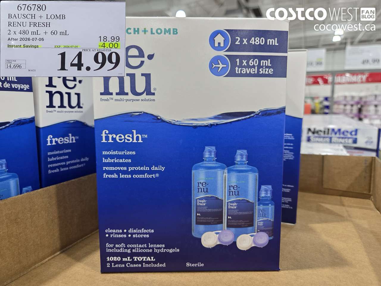676780 BAUSCH + LOMB RENU FRESH 2 X 480 ML + 60 ML ($4.00 INSTANT SAVINGS EXPIRES ON 2026-07-05) $14.99