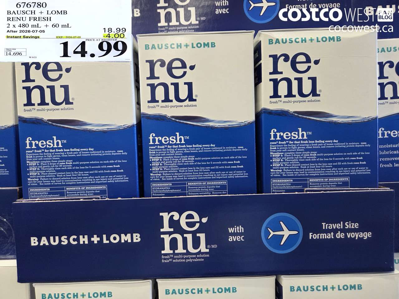 676780 BAUSCH + LOMB RENU FRESH 2 X 480 ML + 60 ML ($4.00 INSTANT SAVINGS EXPIRES ON 2026-07-05) $14.99