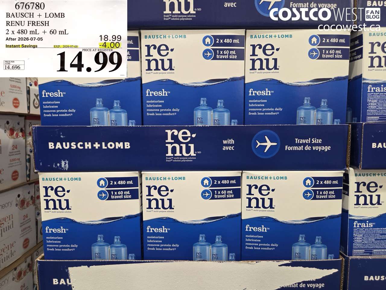 676780 BAUSCH + LOMB RENU FRESH 2 X 480 ML + 60 ML ($4.00 INSTANT SAVINGS EXPIRES ON 2026-07-05) $14.99