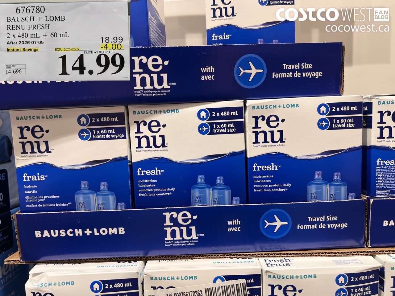 676780 BAUSCH + LOMB RENU FRESH 2 X 480 ML + 60 ML ($4.00 INSTANT SAVINGS EXPIRES ON 2026-07-05) $14.99