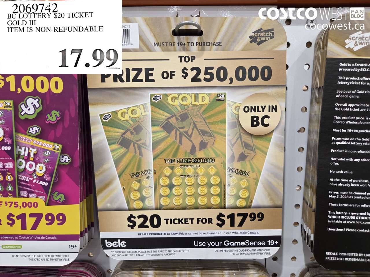 2069742 BC LOTTERY $20 TICKET GOLD III ITEM IS NON-REFUNDABLE $17.99