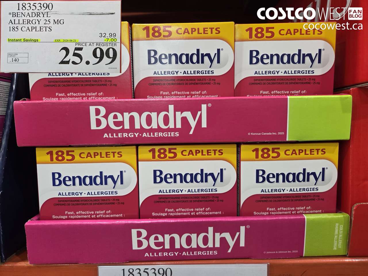 1835390 BENADRYL ALLERGY 25 MG 185 CAPLETS ($7.00 INSTANT SAVINGS EXPIRES ON 2026-06-21) $25.99