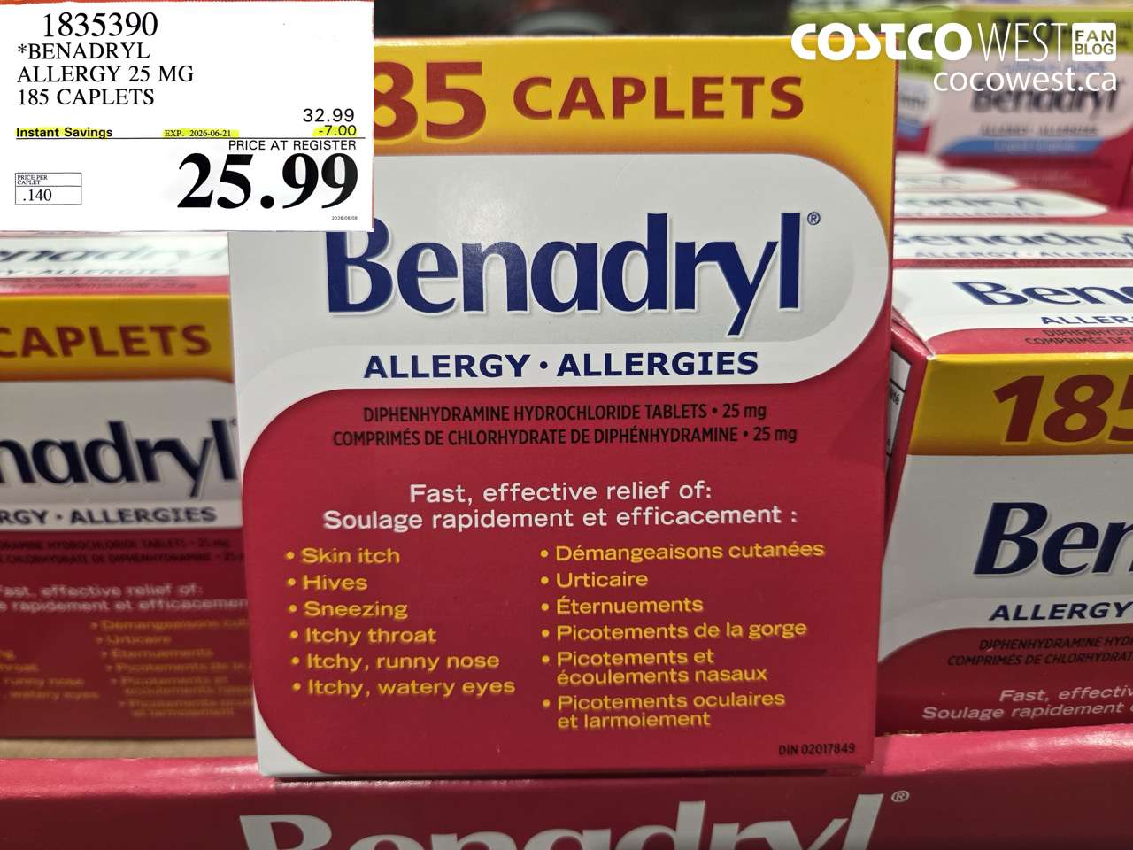 1835390 BENADRYL ALLERGY 25 MG 185 CAPLETS ($7.00 INSTANT SAVINGS EXPIRES ON 2026-06-21) $25.99