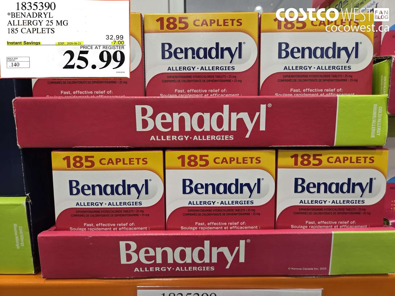 1835390 BENADRYL ALLERGY 25 MG 185 CAPLETS ($7.00 INSTANT SAVINGS EXPIRES ON 2026-06-21) $25.99