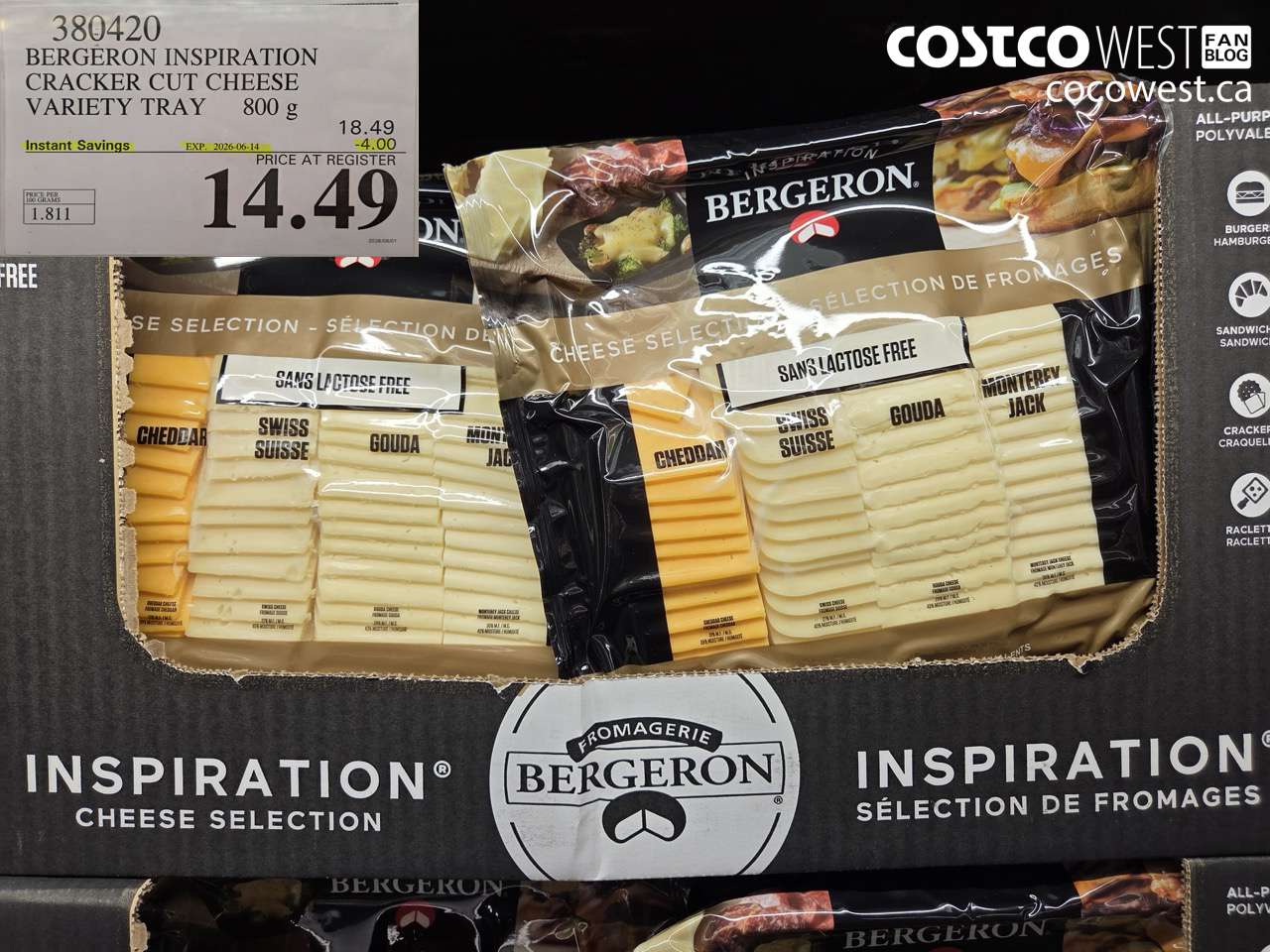 380420 BERGERON INSPIRATION CRACKER CUT CHEESE VARIETY TRAY 800 G ($4.00 INSTANT SAVINGS EXPIRES ON 2026-06-14) $14.49
