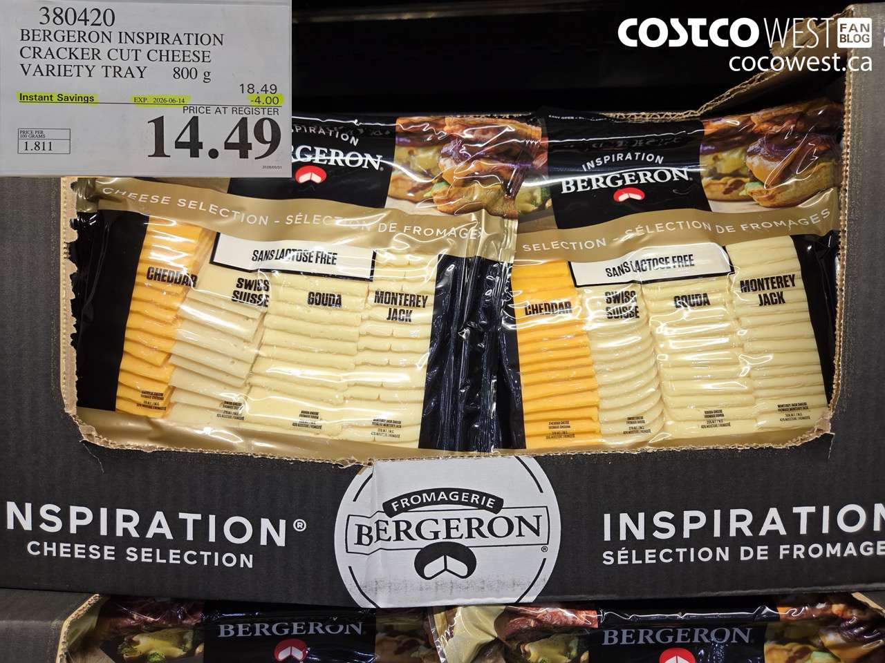 380420 BERGERON INSPIRATION CRACKER CUT CHEESE VARIETY TRAY 800 G ($4.00 INSTANT SAVINGS EXPIRES ON 2026-06-14) $14.49