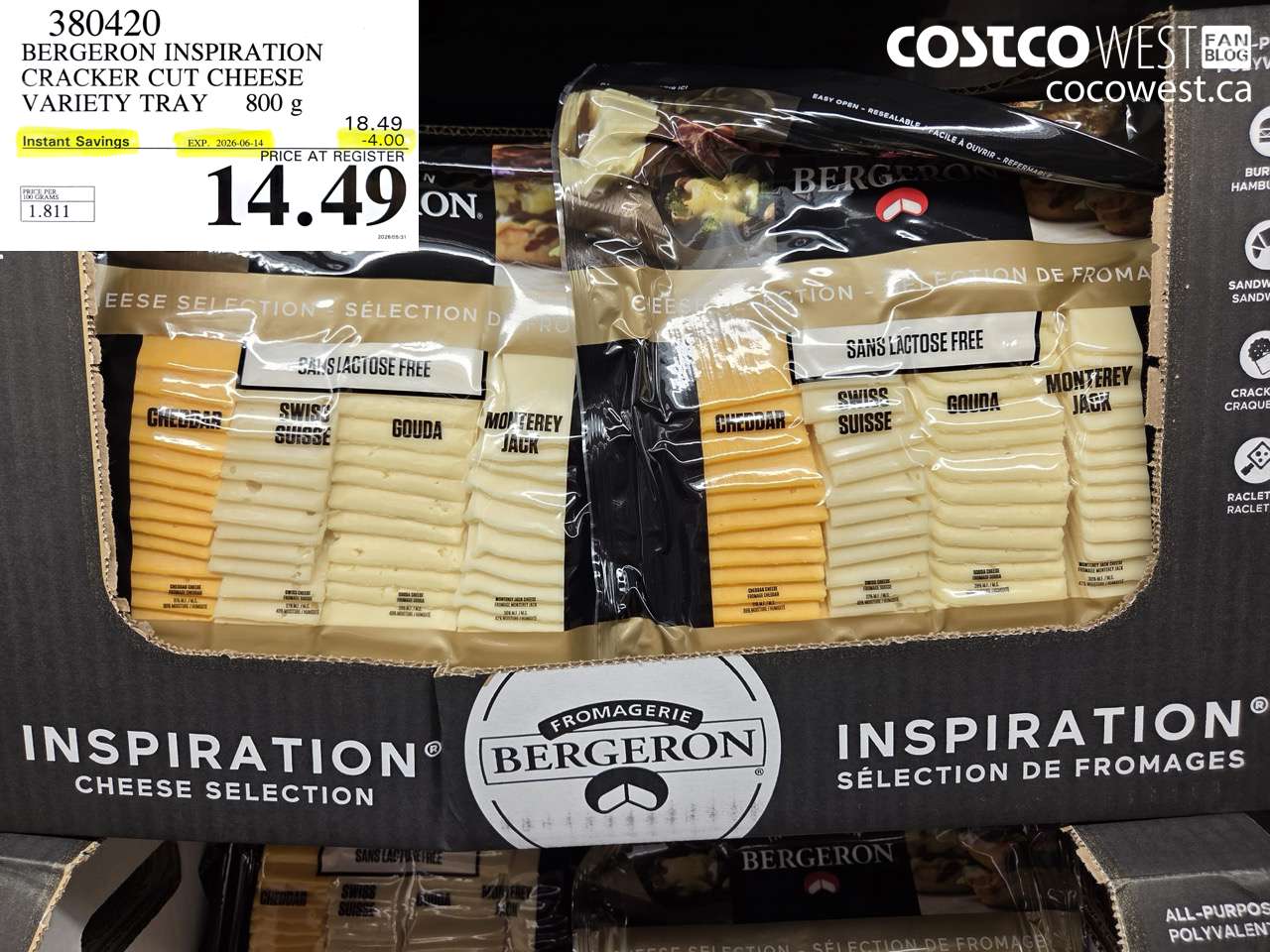 380420 BERGERON INSPIRATION CRACKER CUT CHEESE VARIETY TRAY 800 G ($4.00 INSTANT SAVINGS EXPIRES ON 2026-06-14) $14.49