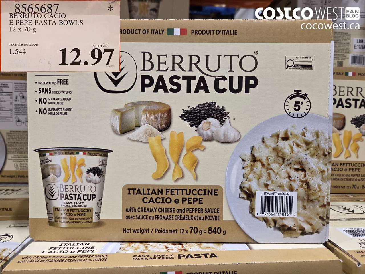 8565687 BERRUTO CACIO E PEPE PASTA BOWLS 12 X 70 G $12.97