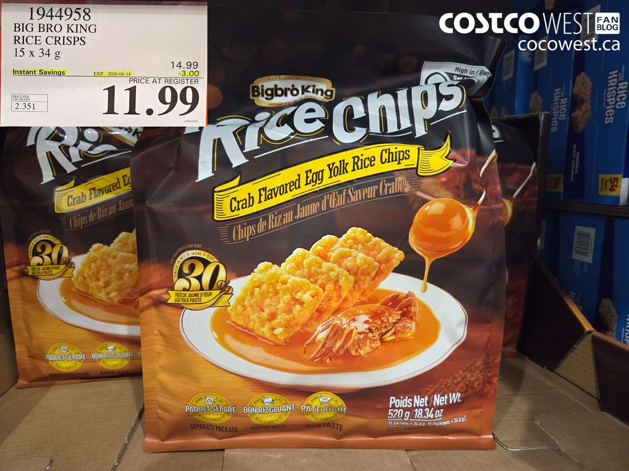 1944958 BIG BRO KING RICE CRISPS 15 X 34 G ($3.00 INSTANT SAVINGS EXPIRES ON 2026-06-14) $11.99