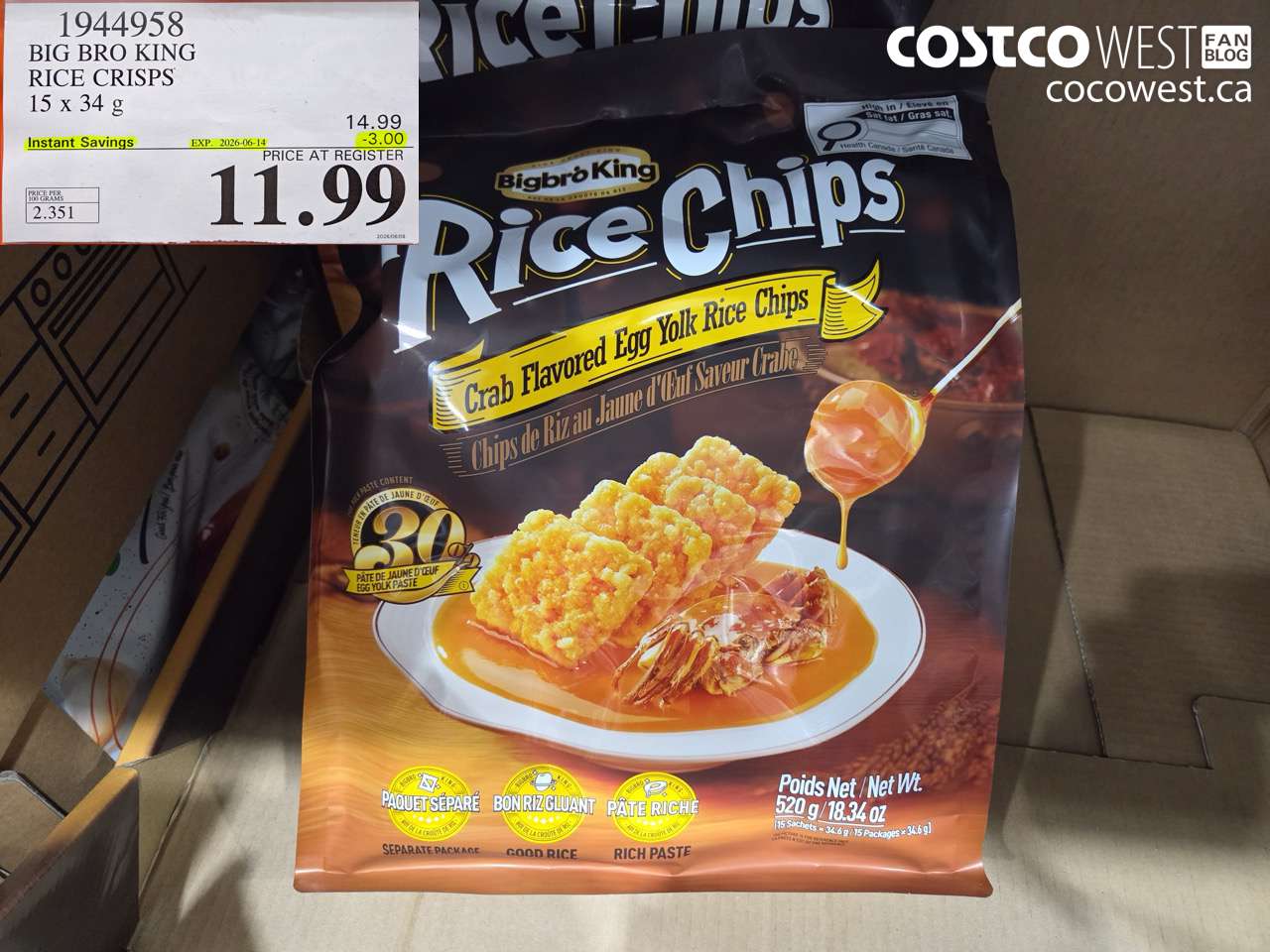 1944958 BIG BRO KING RICE CRISPS 15 X 34 G ($3.00 INSTANT SAVINGS EXPIRES ON 2026-06-14) $11.99