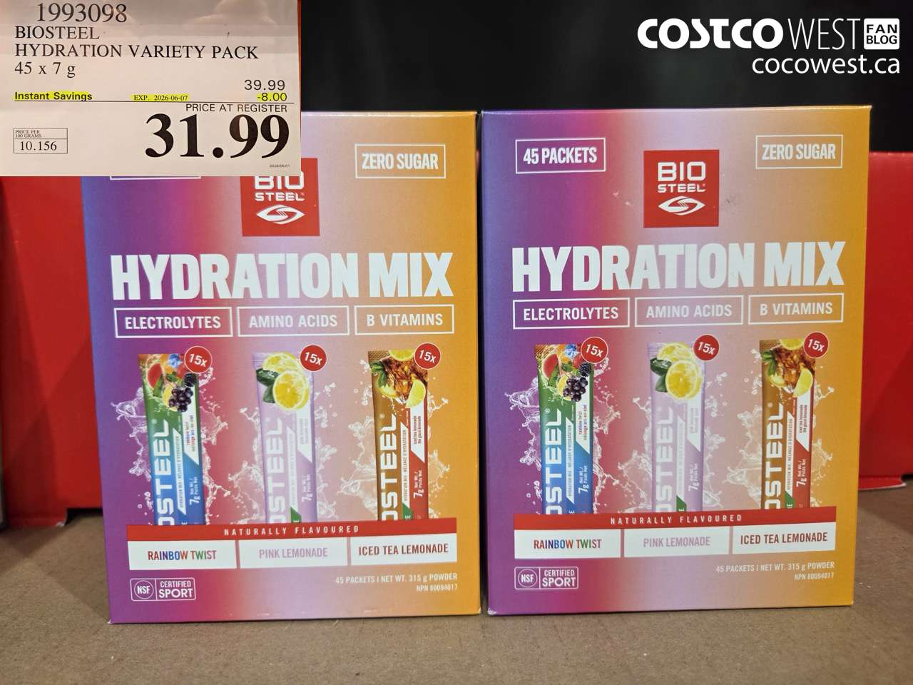1993098 BIOSTEEL HYDRATION VARIETY PACK 45 X 7 G ($8.00 INSTANT SAVINGS EXPIRES ON 2026-06-07) $31.99