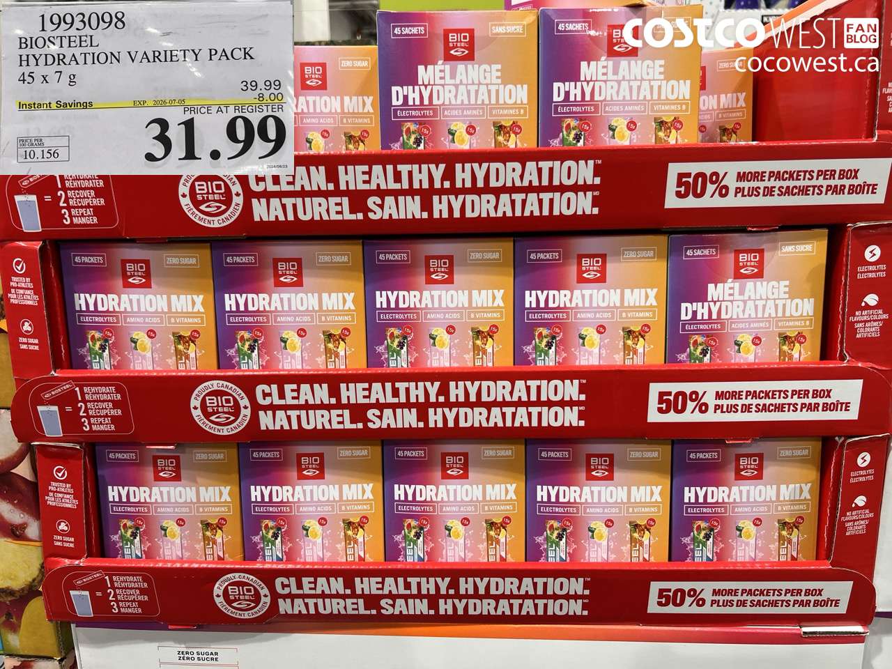 1993098 BIOSTEEL HYDRATION VARIETY PACK 45 X 7 G ($8.00 INSTANT SAVINGS EXPIRES ON 2026-07-05) $31.99