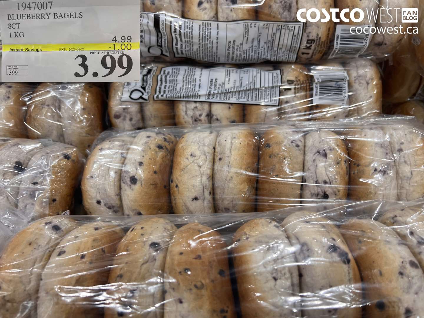 1947007 BLUEBERRY BAGELS 8CT 1 KG ($1.00 INSTANT SAVINGS EXPIRES ON 2026-06-21) $3.99