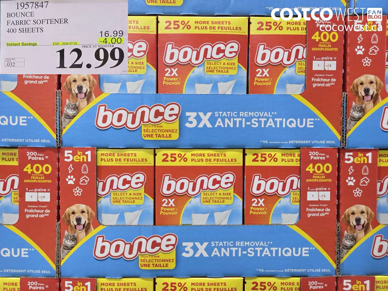 1957847 BOUNCE FABRIC SOFTENER 400 SHEETS ($4.00 INSTANT SAVINGS EXPIRES ON 2026-07-05) $12.99