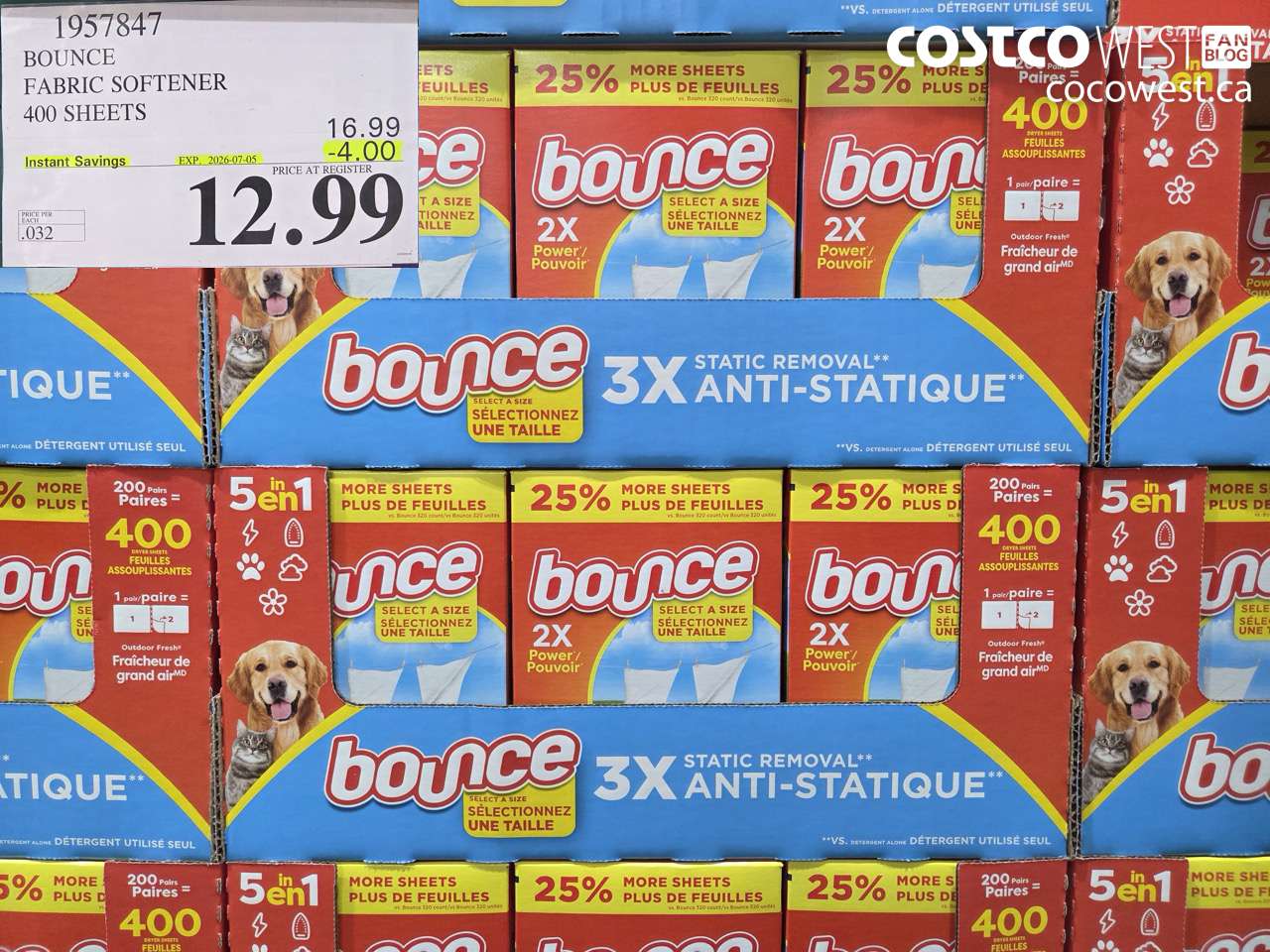 1957847 BOUNCE FABRIC SOFTENER 400 SHEETS ($4.00 INSTANT SAVINGS EXPIRES ON 2026-07-05) $12.99