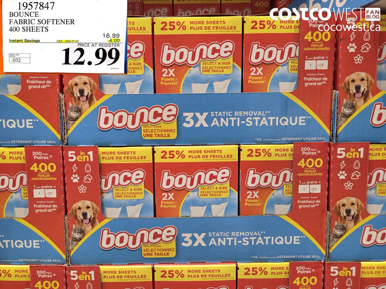 1957847 BOUNCE FABRIC SOFTENER 400 SHEETS ($4.00 INSTANT SAVINGS EXPIRES ON 2026-07-05) $12.99