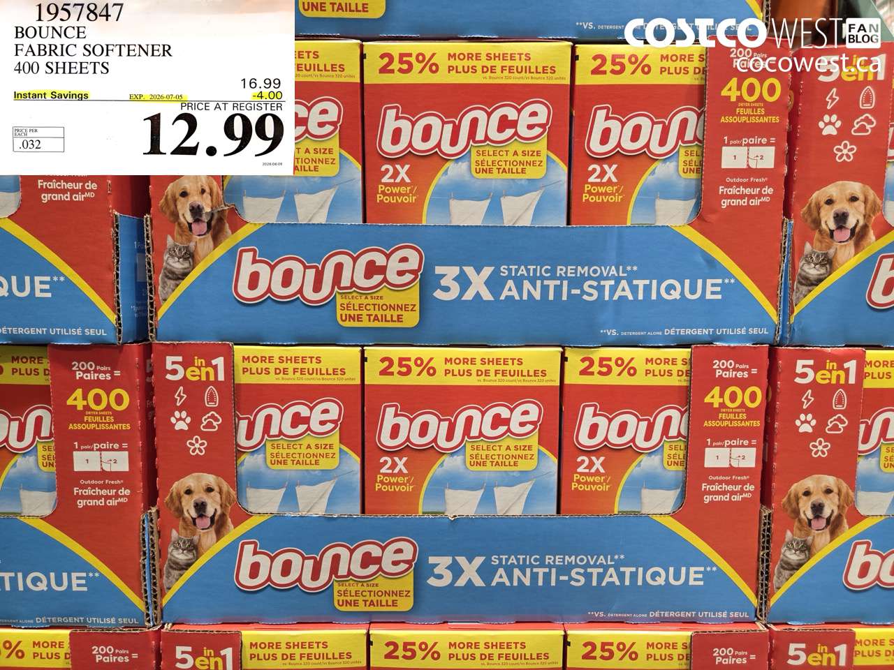 1957847 BOUNCE FABRIC SOFTENER 400 SHEETS ($4.00 INSTANT SAVINGS EXPIRES ON 2026-07-05) $12.99