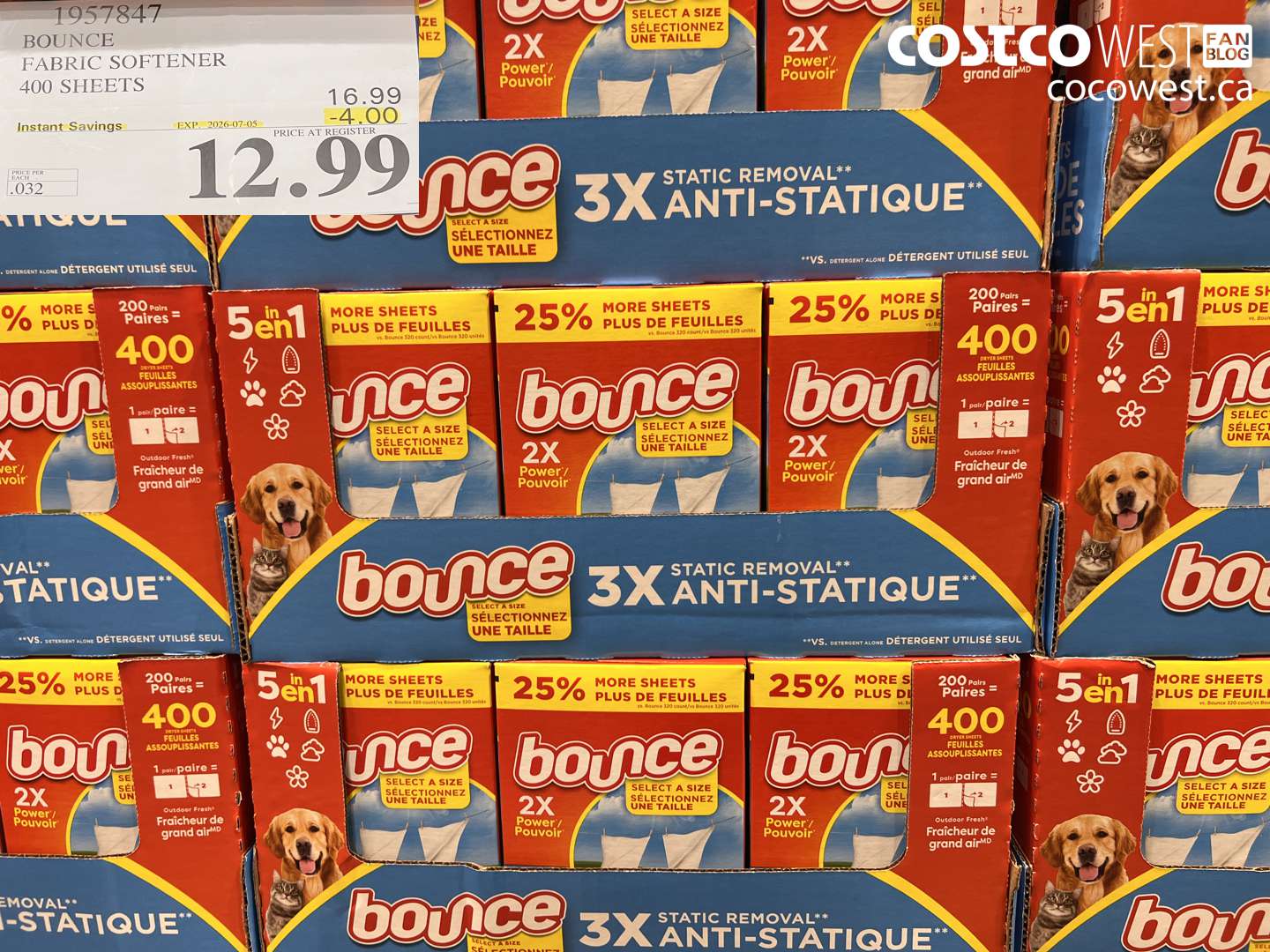 1957847 BOUNCE FABRIC SOFTENER 400 SHEETS ($4.00 INSTANT SAVINGS EXPIRES ON 2026-07-05) $12.99