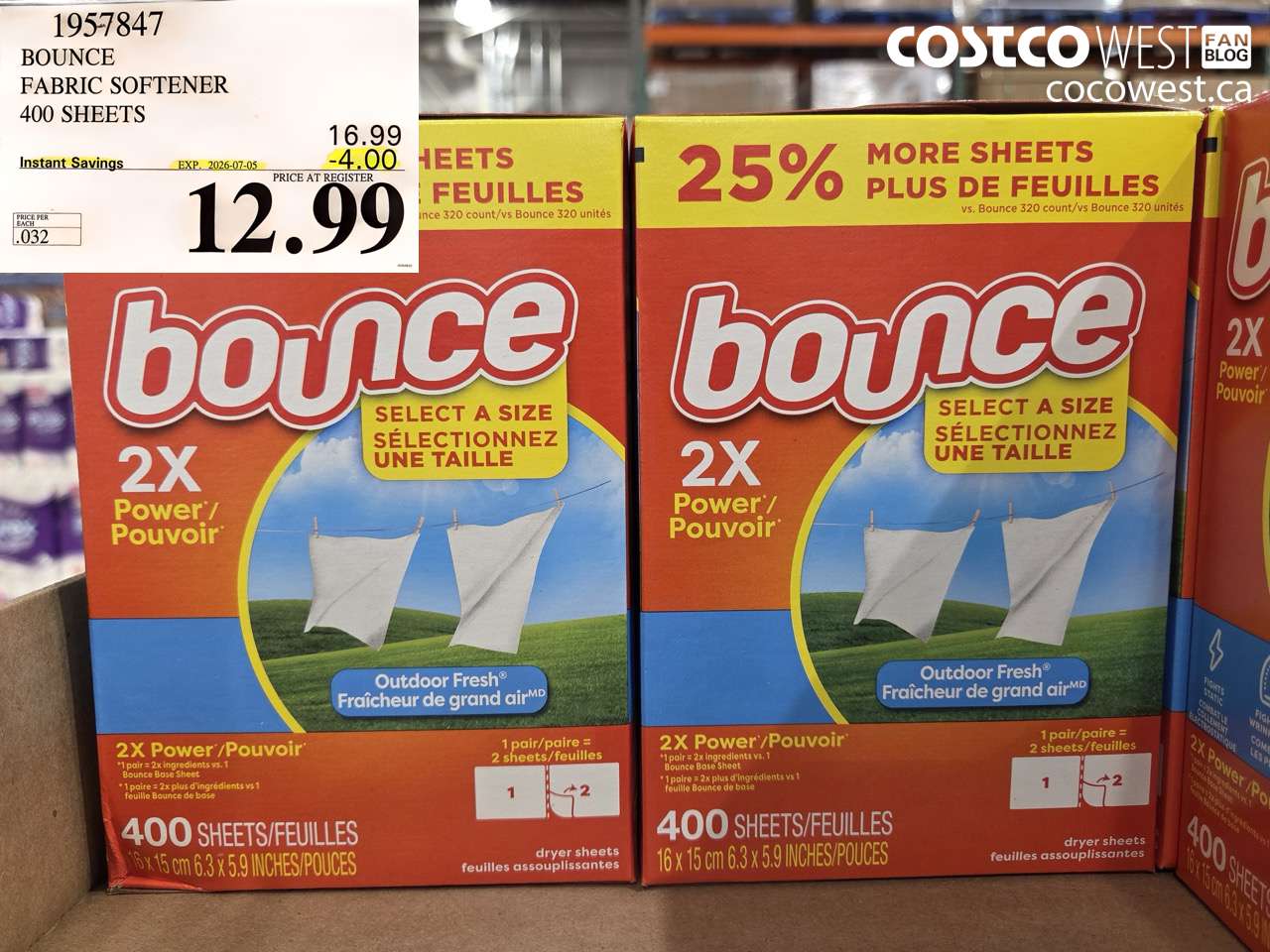 1957847 BOUNCE FABRIC SOFTENER 400 SHEETS ($4.00 INSTANT SAVINGS EXPIRES ON 2026-07-05) $12.99
