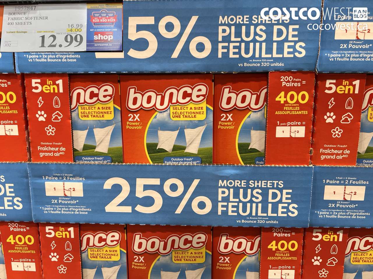 1957847 BOUNCE FABRIC SOFTENER 400 SHEETS ($4.00 INSTANT SAVINGS EXPIRES ON 2026-07-05) $12.99