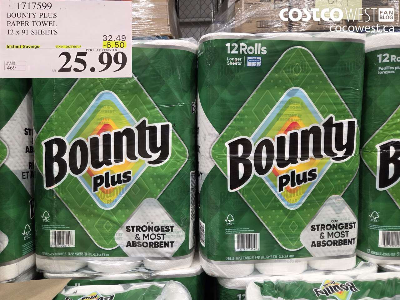 1717599 BOUNTY PLUS PAPER TOWEL 12 X 91 SHEETS ($6.50 INSTANT SAVINGS EXPIRES ON 2026-06-07) $25.99