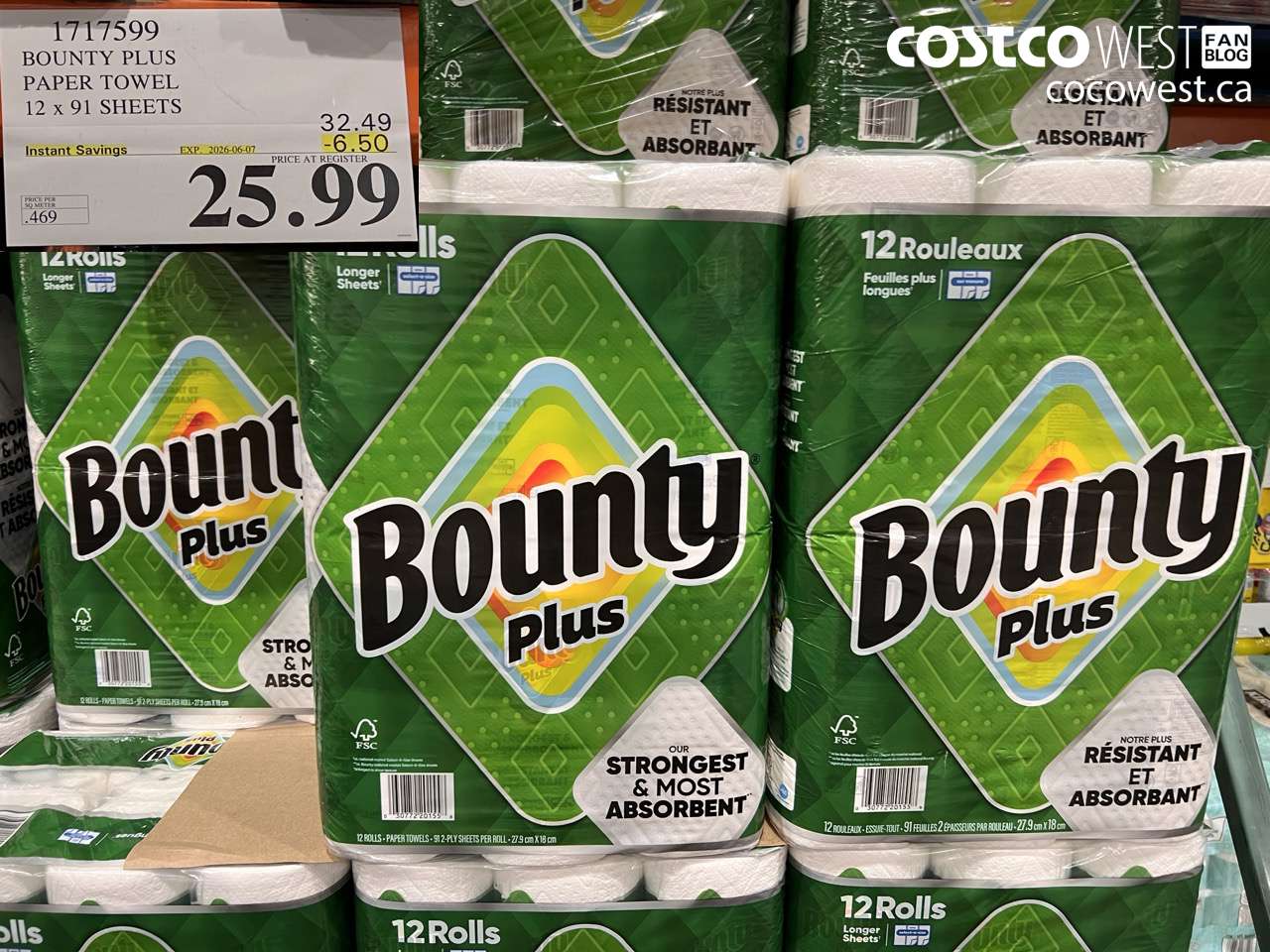 1717599 BOUNTY PLUS PAPER TOWEL 12 X 91 SHEETS ($6.50 INSTANT SAVINGS EXPIRES ON 2026-06-07) $25.99