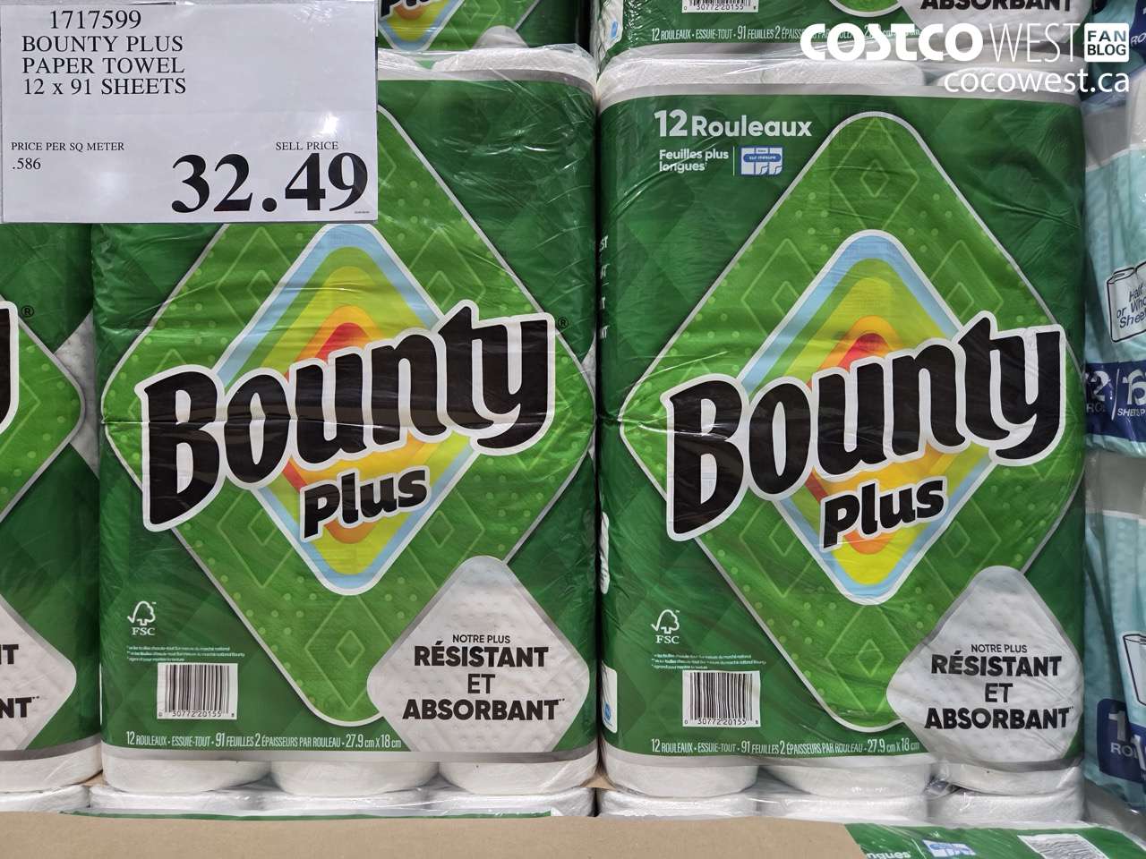 1717599 BOUNTY PLUS PAPER TOWEL 12 X 91 SHEETS $32.49