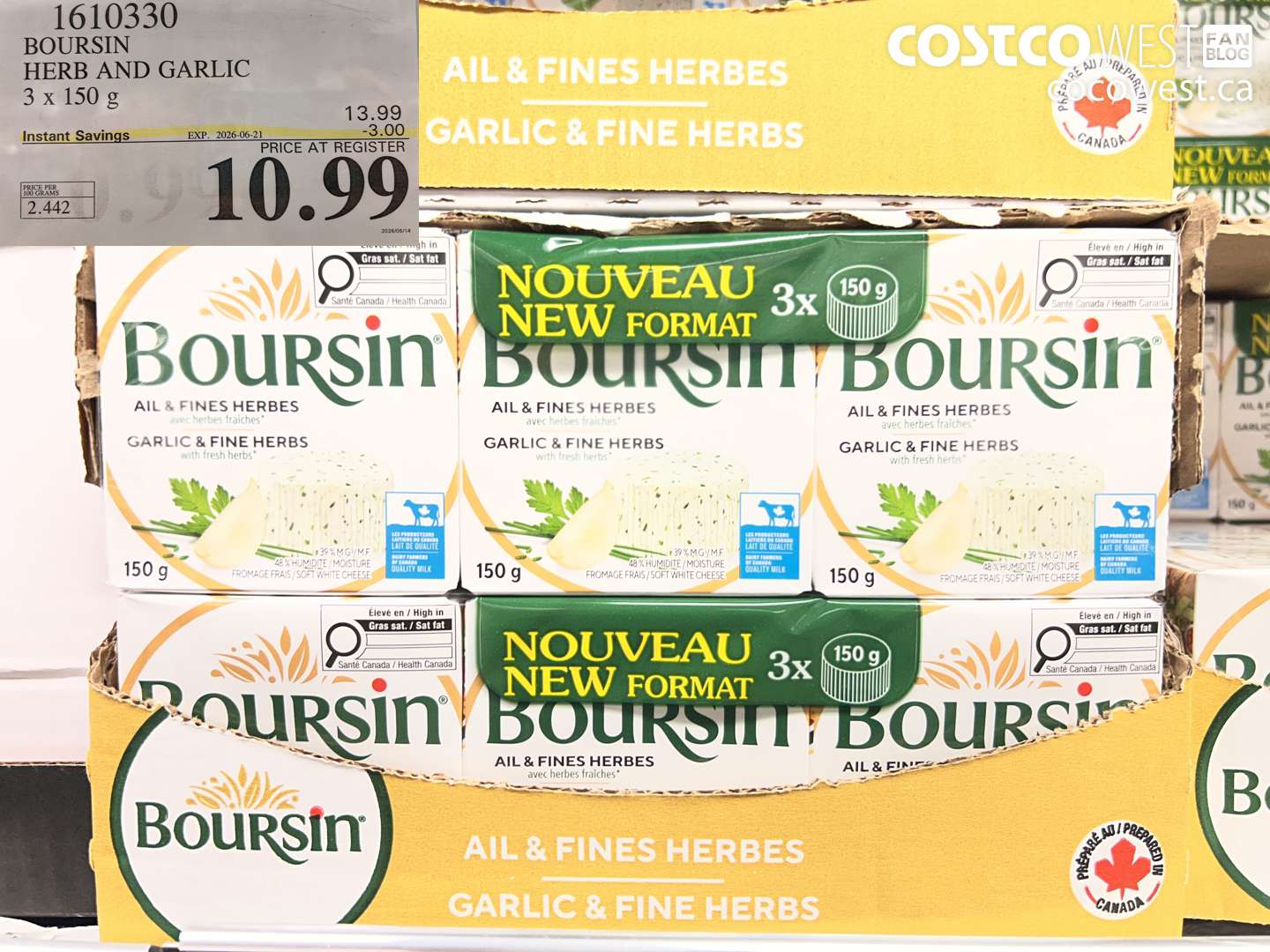 1610330 BOURSIN HERB AND GARLIC 3 X 150 G ($3.00 INSTANT SAVINGS EXPIRES ON 2026-06-21) $10.99