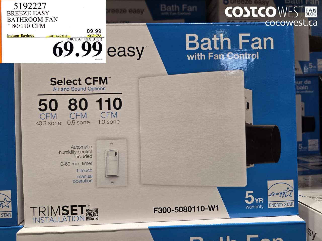 5192227 BREEZE EASY BATHROOM FAN 80/110 CFM ($20.00 INSTANT SAVINGS EXPIRES ON 2026-07-05) $69.99