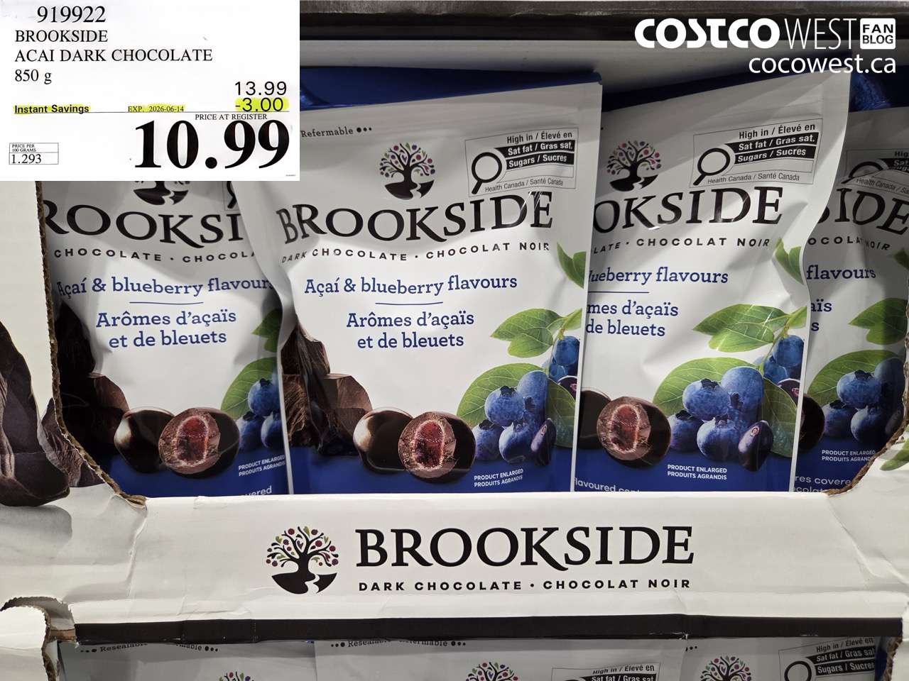 919922 BROOKSIDE ACAI DARK CHOCOLATE 850 G ($3.00 INSTANT SAVINGS EXPIRES ON 2026-06-14) $10.99