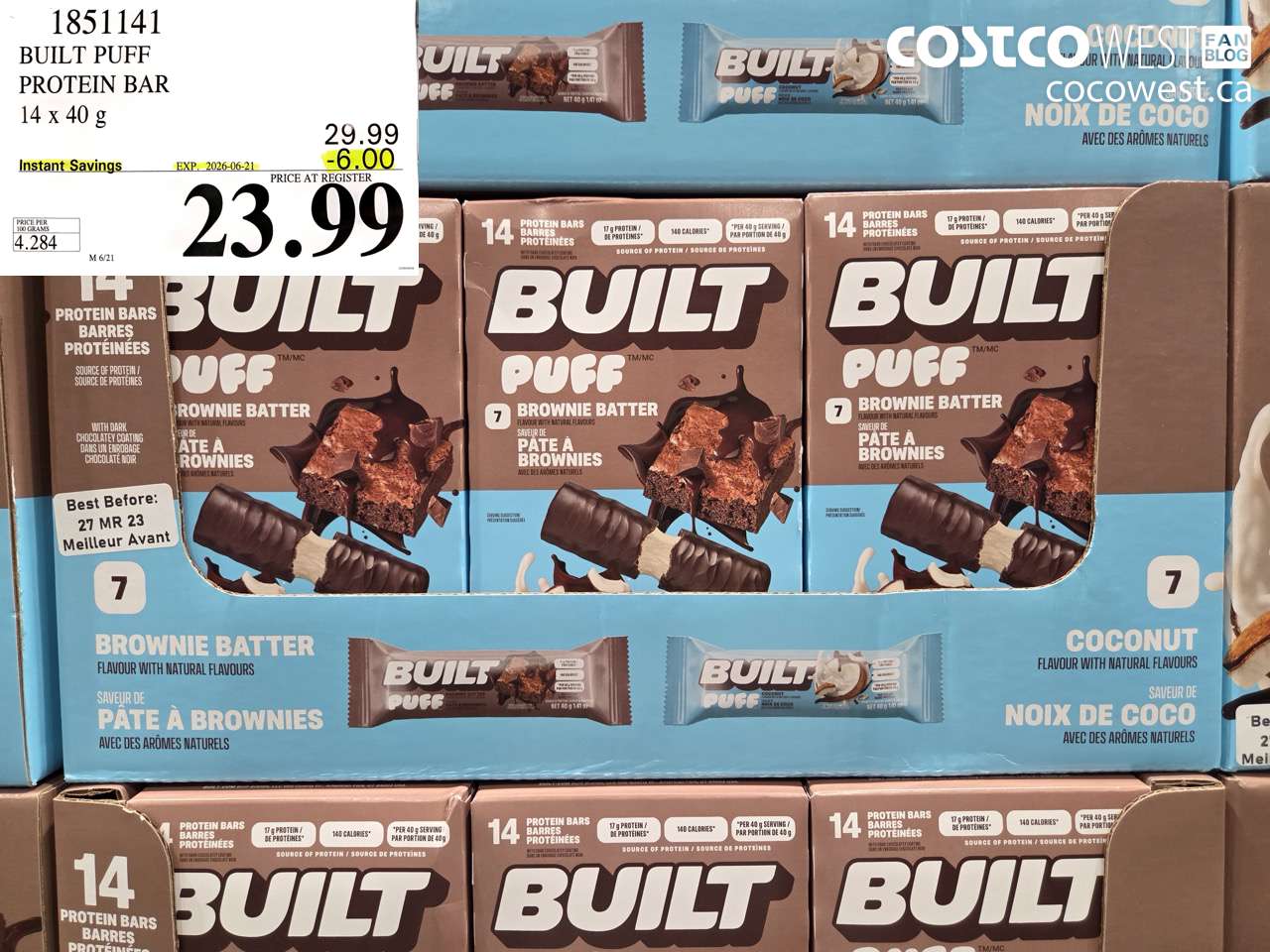 1851141 BUILT PUFF PROTEIN BAR 14 X 40 G ($6.00 INSTANT SAVINGS EXPIRES ON 2026-06-21) $23.99