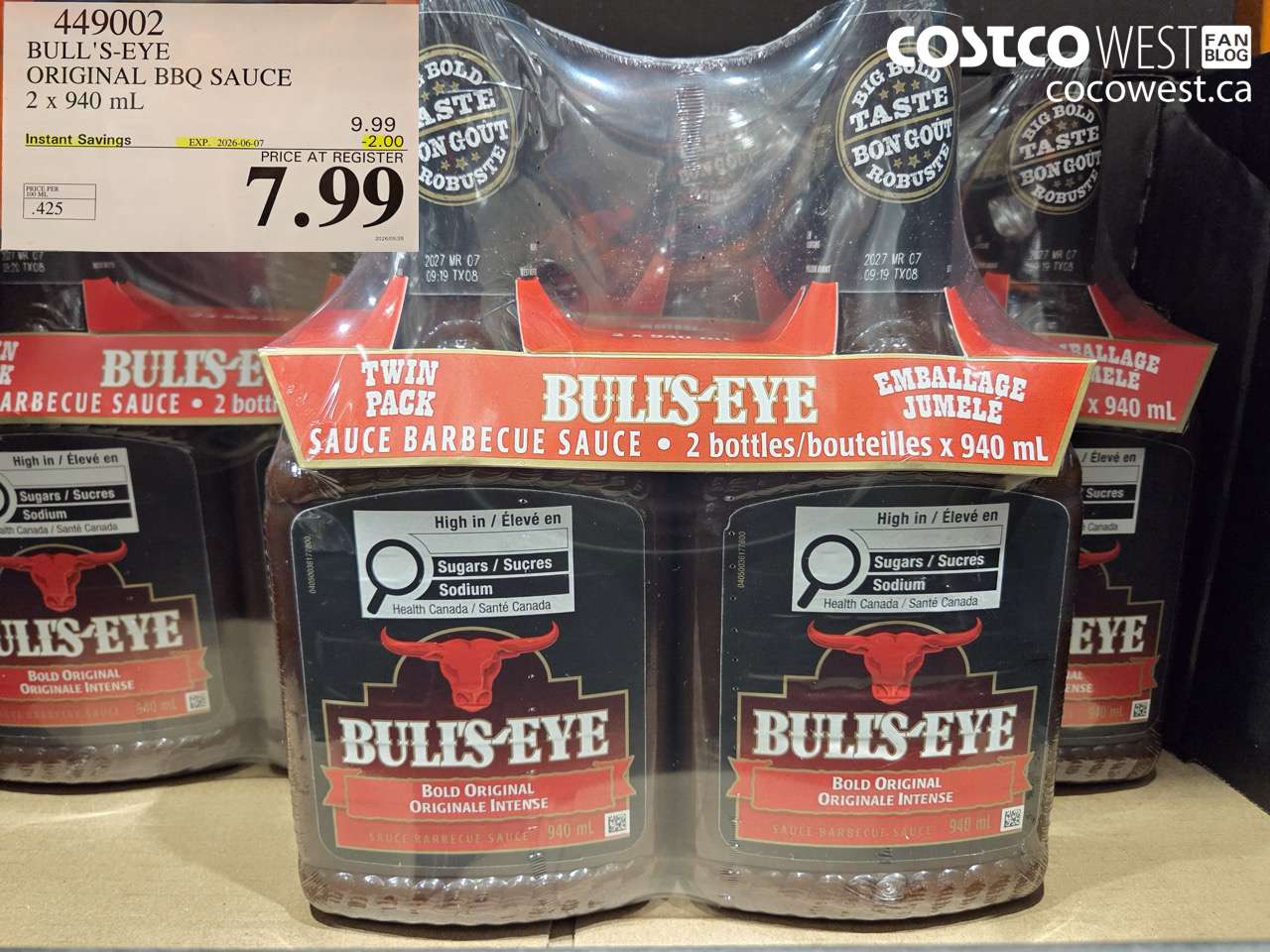449002 BULL'S-EYE ORIGINAL BBQ SAUCE 2 X 940 ML ($2.00 INSTANT SAVINGS EXPIRES ON 2026-06-07) $7.99