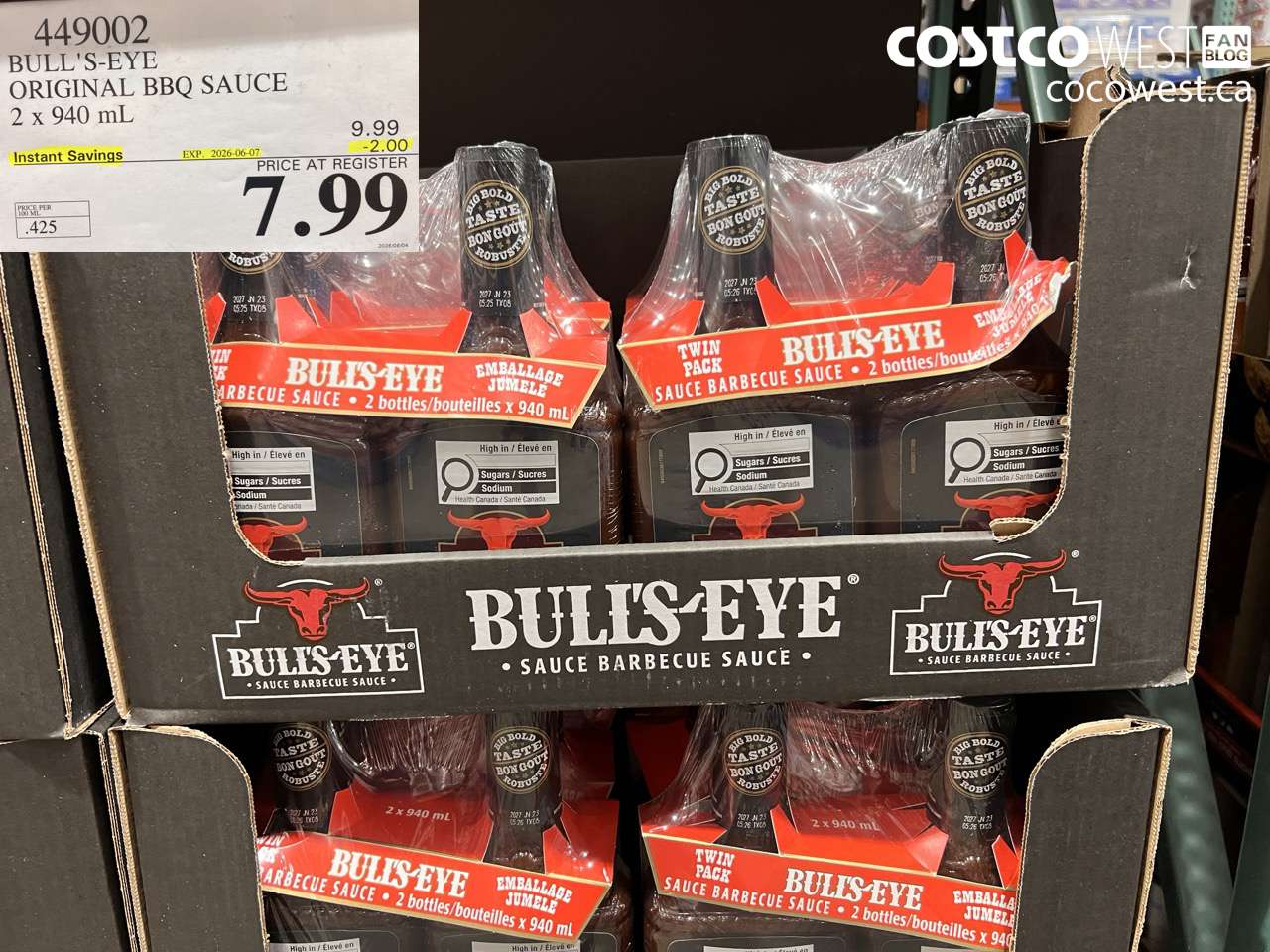 449002 BULL'S-EYE ORIGINAL BBQ SAUCE 2 X 940 ML ($2.00 INSTANT SAVINGS EXPIRES ON 2026-06-07) $7.99