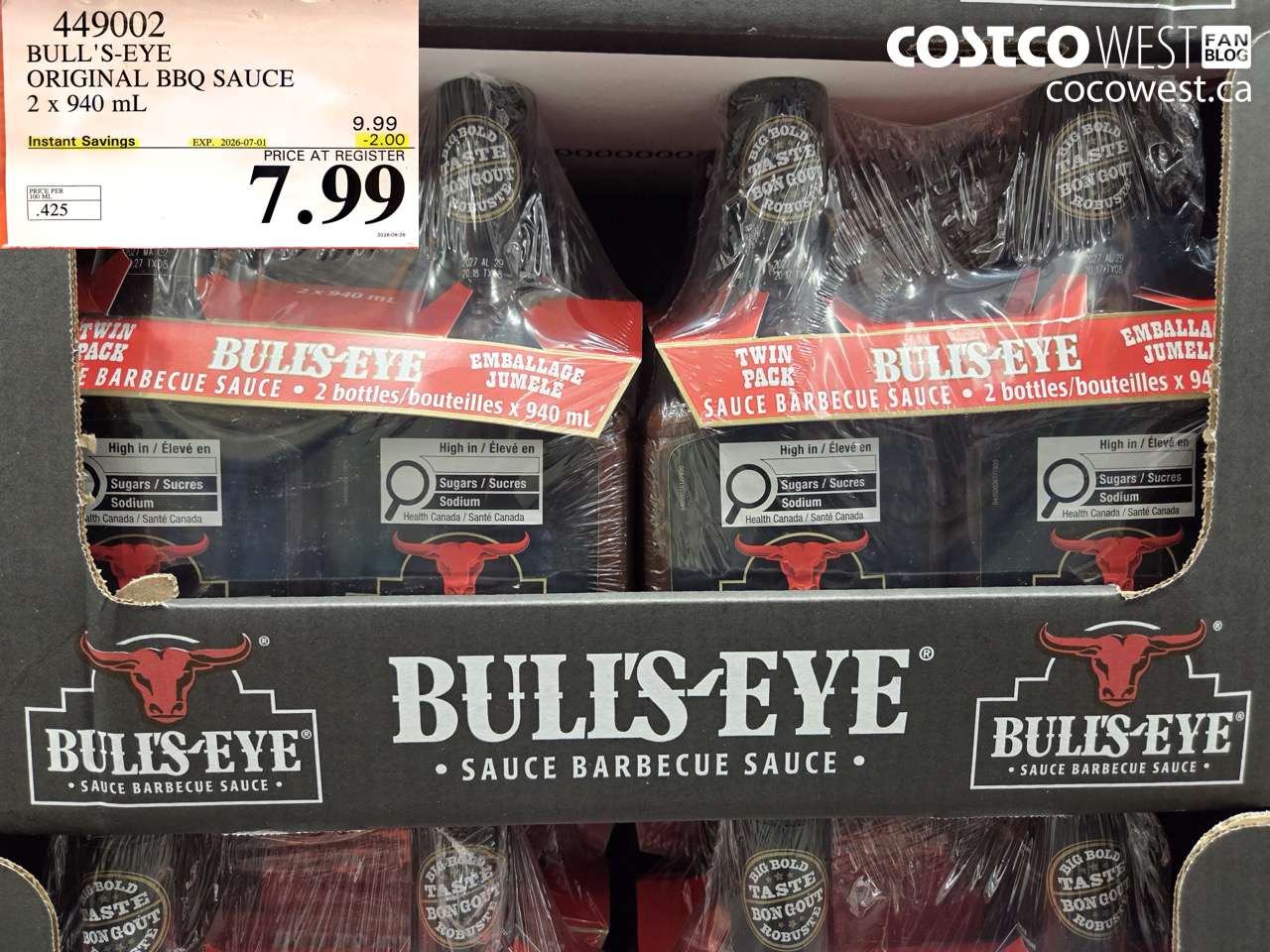 449002 BULL'S-EYE ORIGINAL BBQ SAUCE 2 X 940 ML ($2.00 INSTANT SAVINGS EXPIRES ON 2026-07-01) $7.99