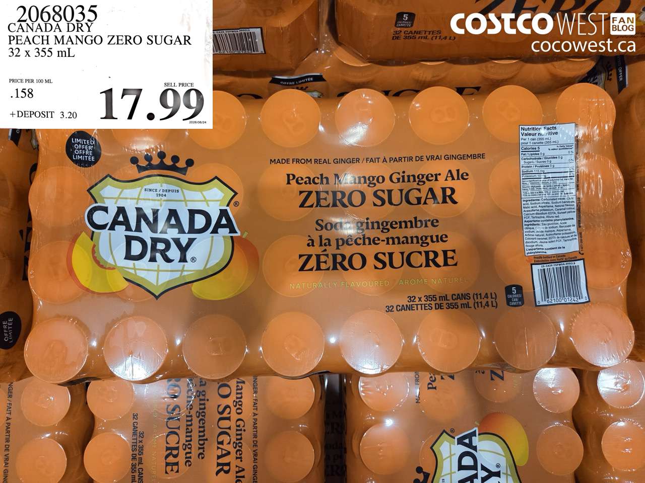 2068035 CANADA DRY PEACH MANGO ZERO SUGAR 32 X 355 ML $17.99
